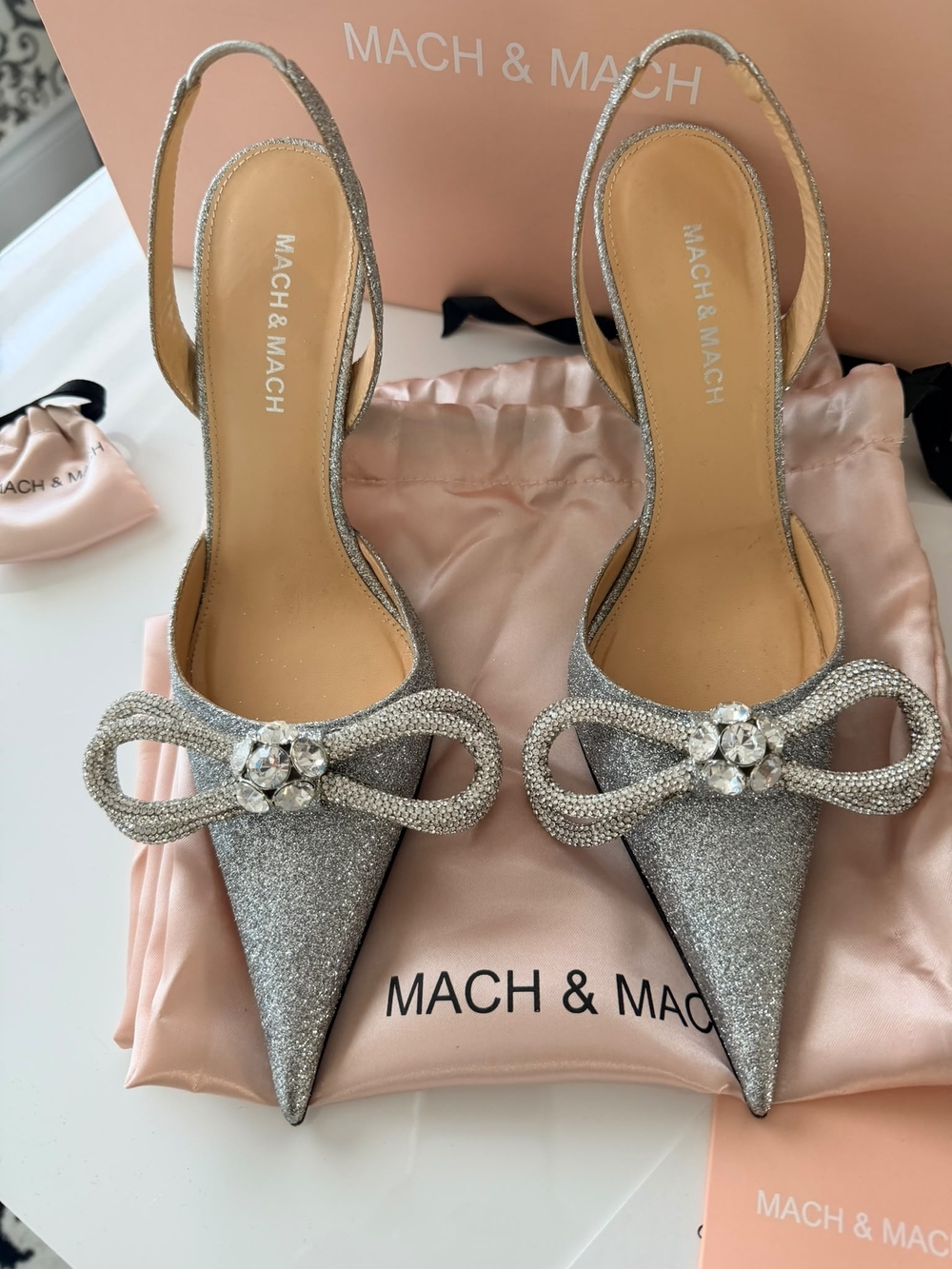 MACH & MACH Silver Crystal Bow Slingback Pumps